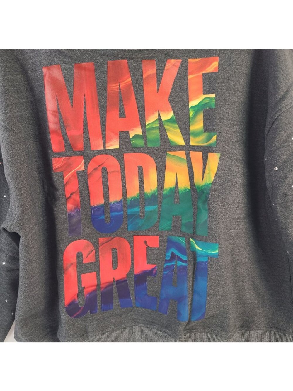 Make Today Great Oversized Charcoal Hoodie With Rhinestone Sleeves & Colorful - Picture 2 of 8